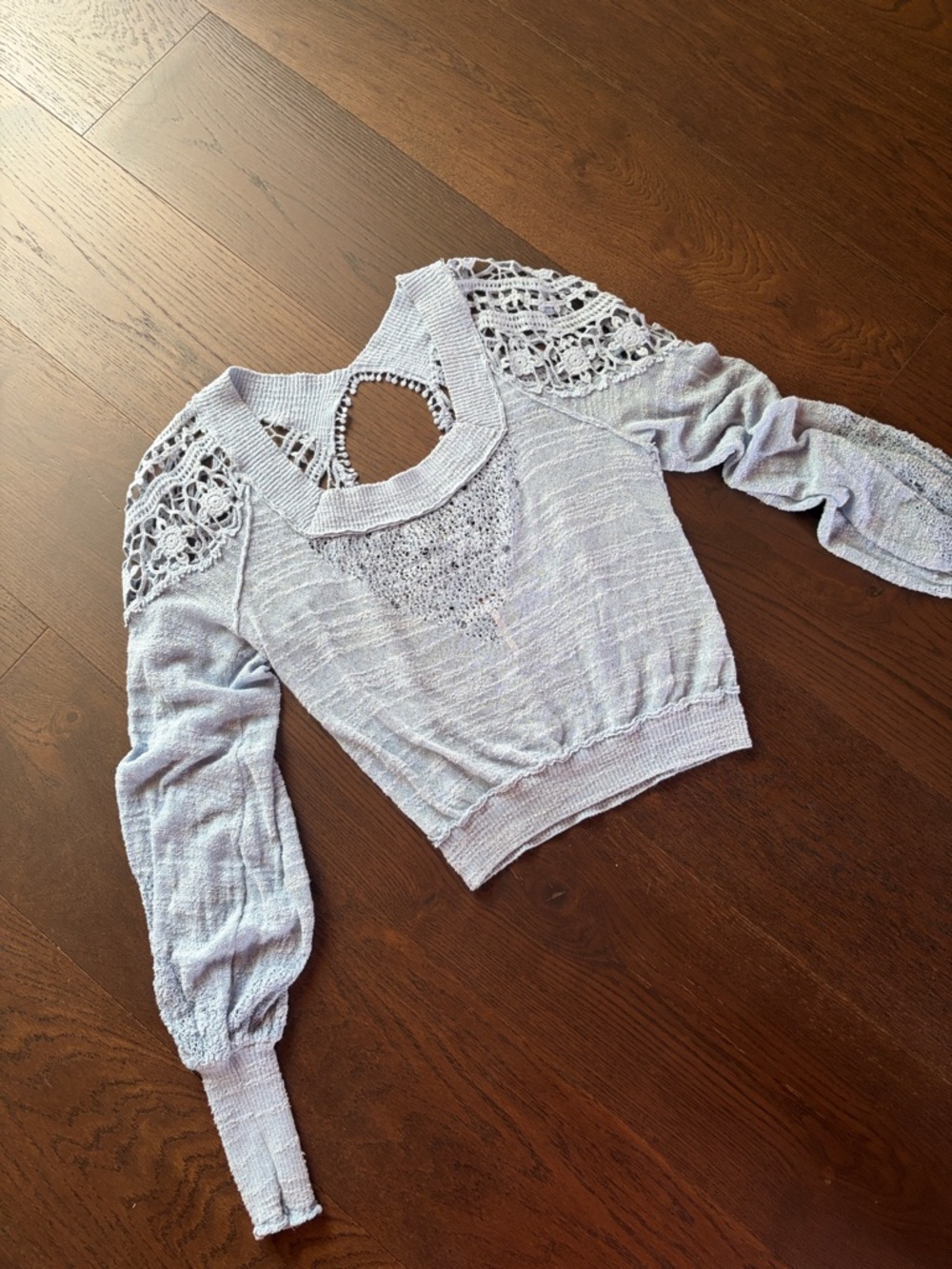 Free People Light Blue Knit Top with Crochet Detail